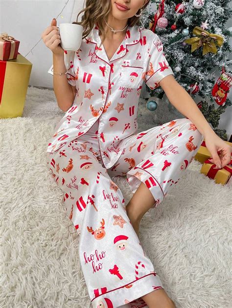 Christmas Print Contrast Piping Satin PJ Set SHEIN USA