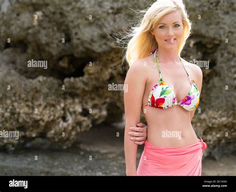 Beautiful Blonde Caucasian Woman At The Beach Beside The Ocean In Stock Photo 59169229 Alamy