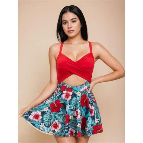 Buy Womanlikeu Red Cross Strap Swim Dress With Bikini Bottoms Set Of Online