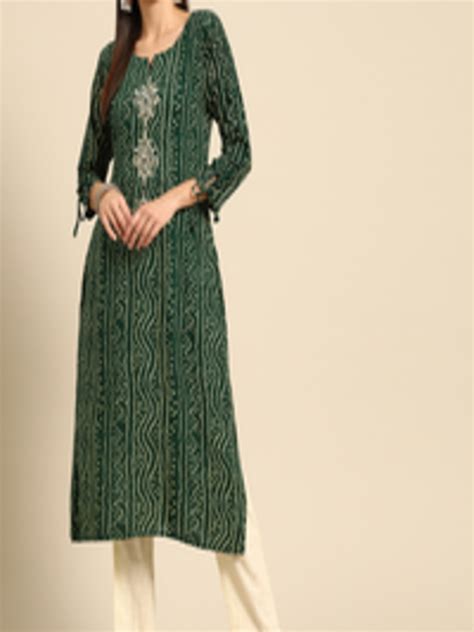 Buy Fashor Women Green And White Bandhani Print Mirror Work Embroidered