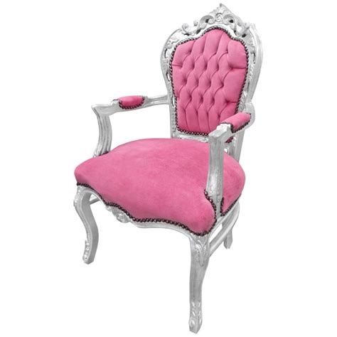 Fauteuil De Style Baroque Rococo Tissu Velours Rose Et Bois Argent