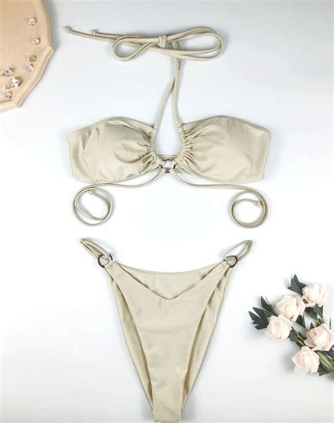 Wholesale Swimwear Backless Bikini Two Piece Set Erotic Bandage Beachwear Women Sexy Champagne
