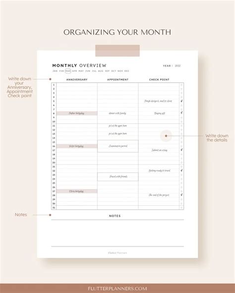 Monthly Overview Printable Planner Month on One Page, Undated Monthly Calendar Inserts Template ...