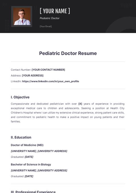 Free Pediatric Doctor Resume Template to Edit Online