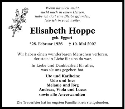 Traueranzeigen Von Elisabeth Hoppe Trauer In Nrw De