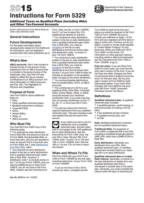 Instructions For Form 5329 2015 Printable Pdf Download