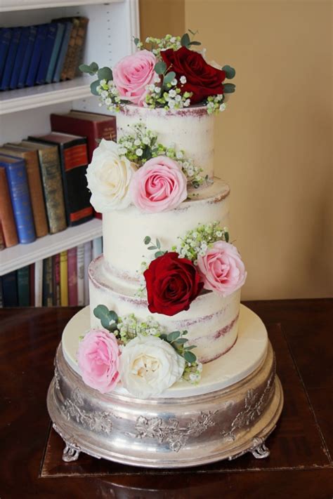 Semi Naked Cake With Pink Ivory And Red Roses No W371 Creative Cakes