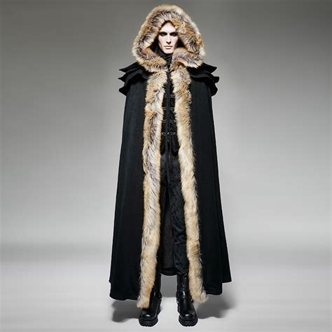 Gothic Punk Fall Winter Long Wool Collar Cloak Coat Men Vintage Long