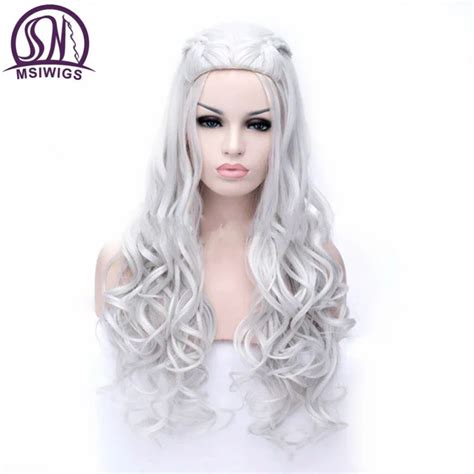 MSIWIGS 2 Colors Long Silver White Curly Wigs Cosplay Synthetic Blonde Braided Wig For Women