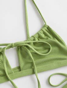 Zaful Ribbed Bralette Cutout String Bikini Swimwear In Green Zaful