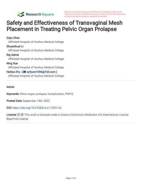 Pdf Safety And Effectiveness Of Transvaginal Mesh Placement In Treating Pelvic Organ Prolapse