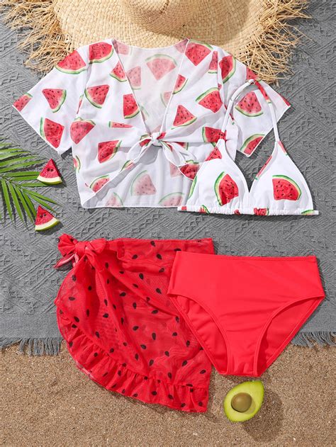 Chicas 4 piezas con estampado de sandía Bañador bikini cover up Top