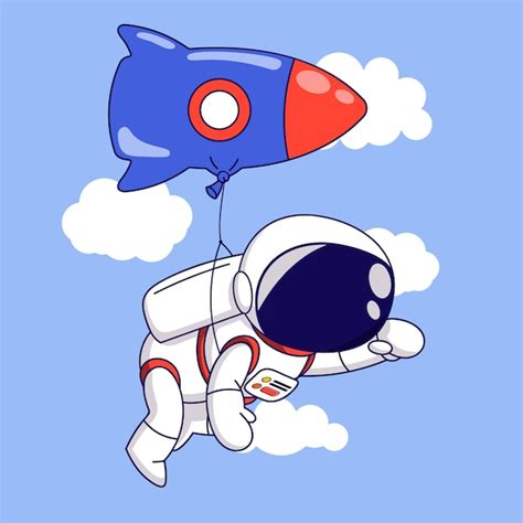 Lindo Astronauta De Dibujos Animados Volando En El Cielo Con Un Globo