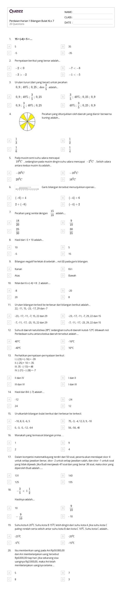 Lembar Kerja Pecahan Pada Garis Bilangan Untuk Kelas Di Quizizz