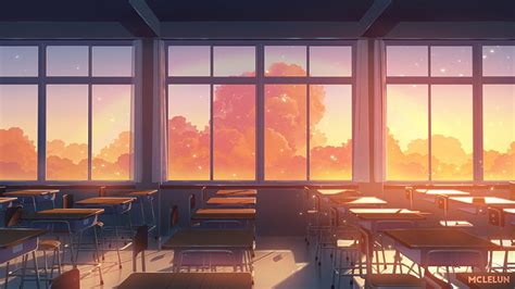 Anime Classroom Sunset Windows Chair And Desks Trees Anime Hd Wallpaper Peakpx