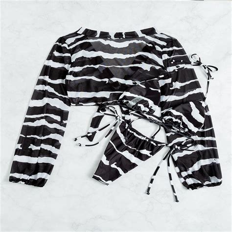 Two Piece Women Sexy Bikini Long Sleeve Zebra Stripes V Lace Up Swimwear Two Piece Swimwear