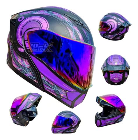 Casco Moto Negro Morado Kov Estelar Cyborg Luz Abatible Dot