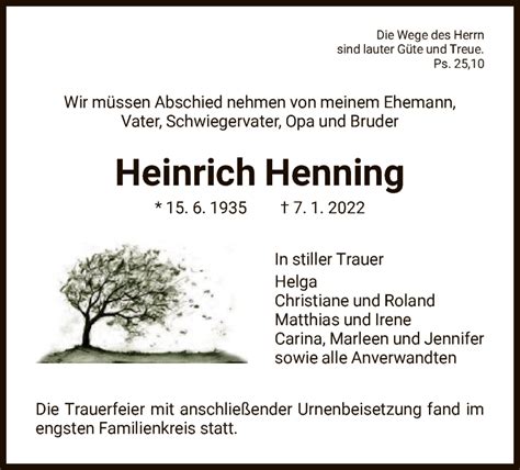 Traueranzeigen Von Heinrich Henning Trauer Hna De