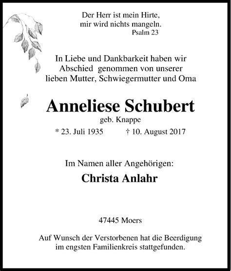 Traueranzeigen Von Anneliese Schubert Trauer In Nrw De