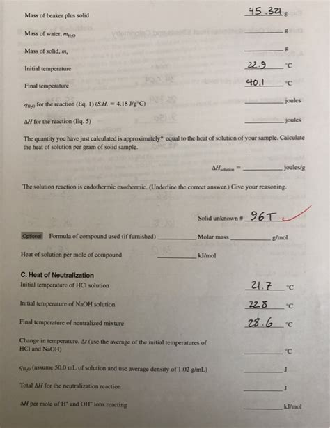 Data And Calculations Heat Effects And Calorimetry Chegg