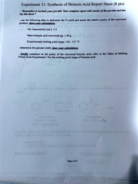 SOLVED Experiment H Synthesis Of Benzoic Acid Report Sheet 8 Pts