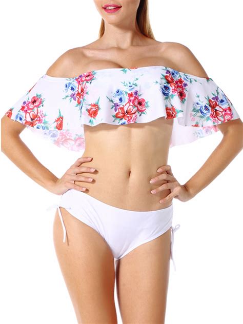 Sayfut Women Off Shoulder Ruffle Bikini Set Two Piece Padded Swimsuit Swimwear Bathing Suit