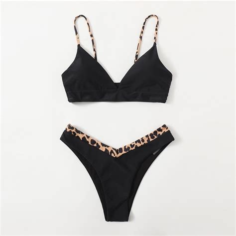 Leaf Print High Cut Bikini Swimsuit V Neck High Cut Beach Bikinis Set Power Day Sale