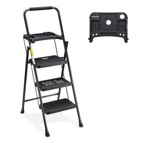 HBTower 3 Step Ladder With Tool Tray Folding Step Stool With Wide Non