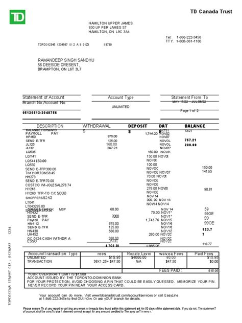 Td Bank Statement Pdf Overdraft Economies