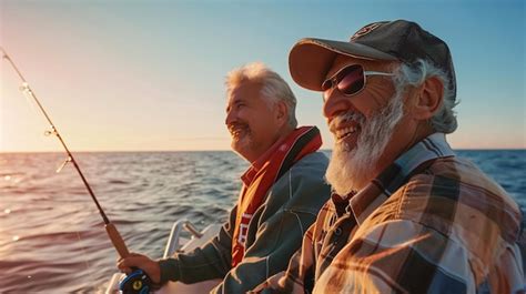 Two Smiling Mature Men Fishing Off A Boat Two Mature Men Smiling While Fishing Off The Edge