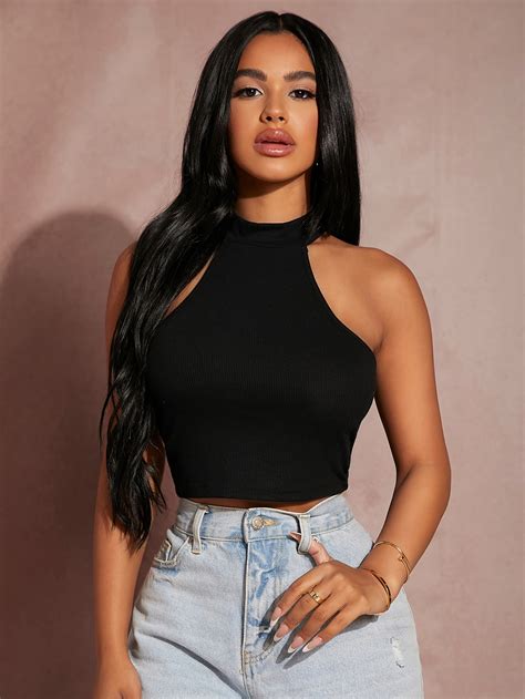 Shein Sxy Solid Rib Knit Halter Crop Top