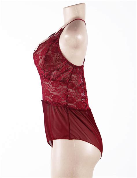 Wine Red Halter Lace Plus Size Teddy Lingerie Wholesale