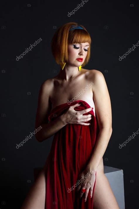 Naked Red Haired Model Posing With Velvet Cloth Stock Photo By Wisky