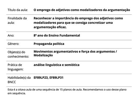 Plano de Aula 8º ano Língua Portuguesa O emprego de adjetivos