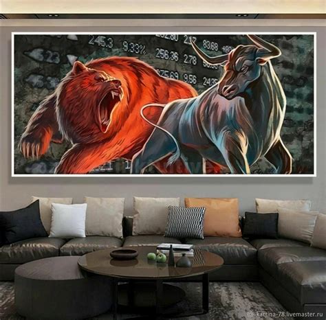 Картины маслом на холсте Могучий медведь против быка Картина на холсте ...