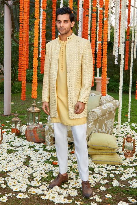 Buy Yellow Georgette Embroidered Mirror Work Front Open Jacket For Men