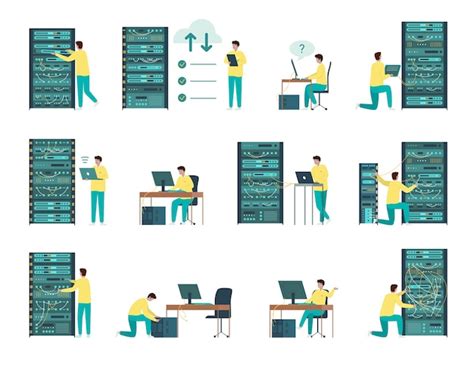 Administrador Del Sistema Conjunto De Colores Planos De Iconos Aislados Con Personas En Racks De