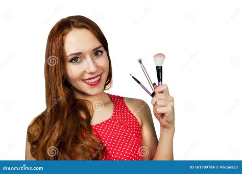 Delighted Half Naked Woman Making Fun With Makeup Brush Isolated Stock Photo Image Of Beauty