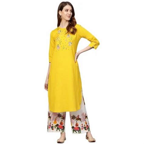 Womens Cotton Mustard Yellow Thread Work Ethnic Motifs Yoke Design Straight Kurta Suit Set With