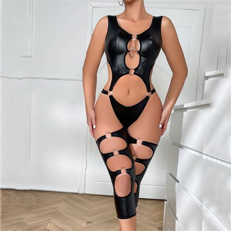 Lingerie For Women Leather Teddy Bodysuit Lingerie Sexy Cutout Off Shoulder Conjoined Pu Lace Up