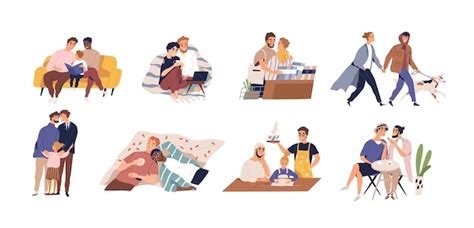 Conjunto de ilustração plana de vetor de diversos casais homossexuais coleção de família gay