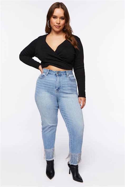 Plus Size Rhinestone Fringe Jeans