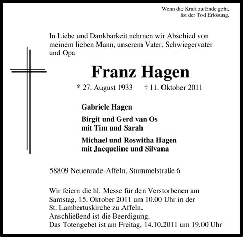 Traueranzeigen von Franz Hagen | Trauer-in-NRW.de