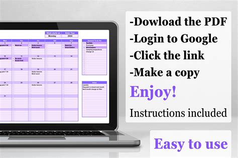 Monthly calendar template to-do list and checklist for google sheets, year calendar, digital