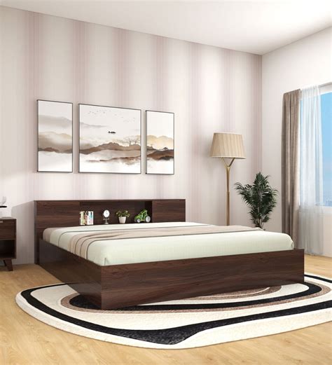 Buy Hoshi Queen Size Bed With Headboard And Box Storage In Walnut