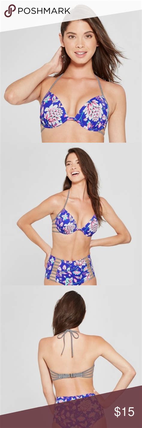 Nwt Shade Shore Blue Floral Strappy Bikini Top Floral Bikini Top