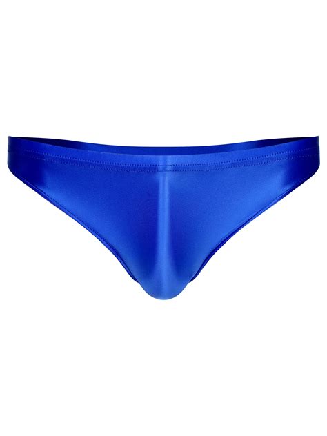 Yizyif Mens Glossy Low Rise Bikini Briefs Underwear Solid Color Sunbathing Swimming Trunks Blue