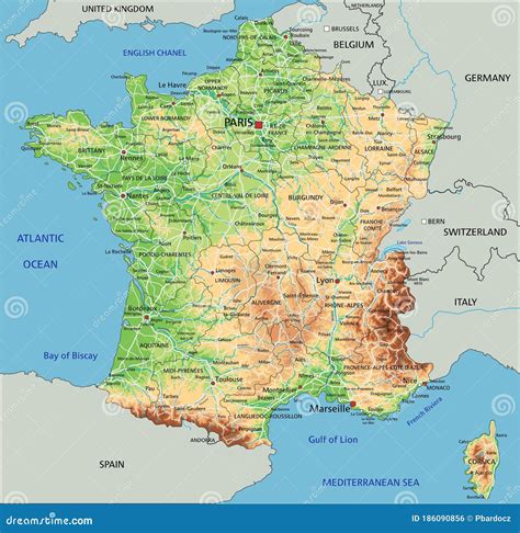 High Detailed France Physical Map With Labeling Stock Vector