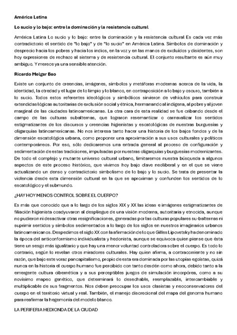 Control de lectura lo sucio y lo bajo América Latina Lo sucio y lo bajo entre la dominación