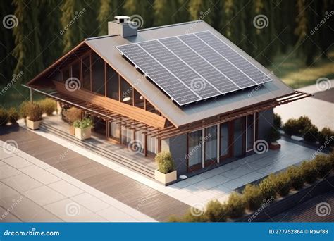 Sustainable Home With Solar Panels On Roof Generative Ai Stock